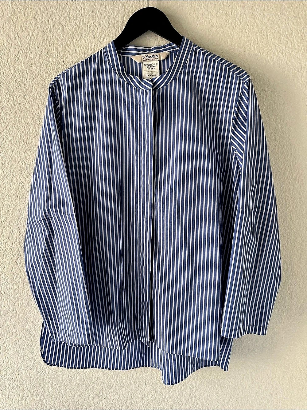 'S Max Mara Blue/White Striped Cotton Blouse Shirt Band Collar Size US 6 / IT 40